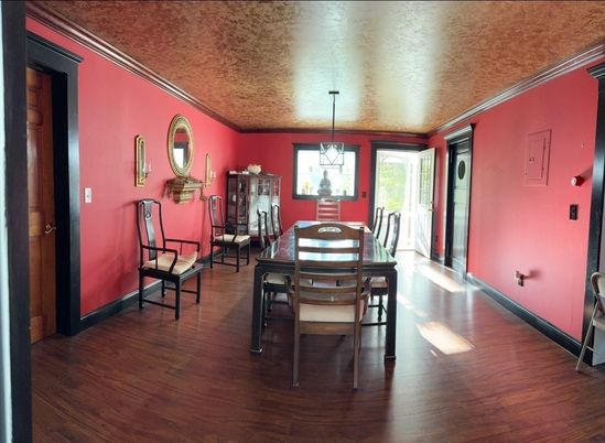 Dining room, Interior, Pendant Lights, Wood Texture Flooring