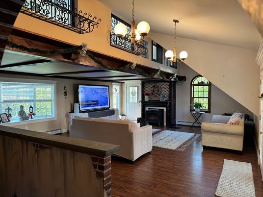 Chandelier, Fireplace, Interior, Living room, Pendant Lights, Wood Texture Flooring