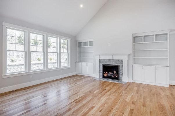 Empty room, Fireplace, Interior, Recessed Lighting, Wood Texture Flooring