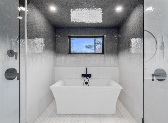 Bathroom, Free Standing Baths, Glass Shower, Interior, Marble, Recessed Lighting