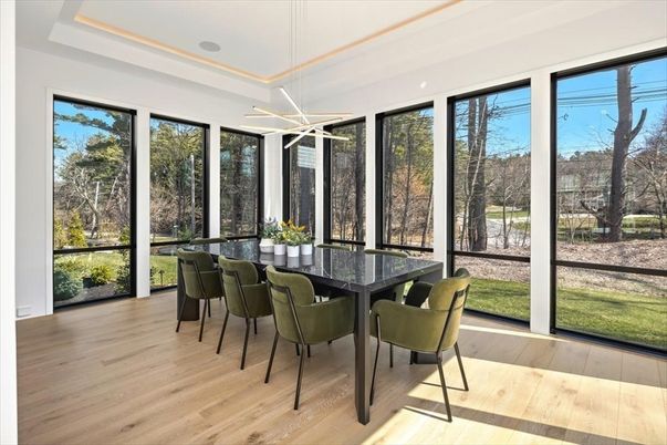Dining room, Interior, Pendant Lights, Wood Texture Flooring