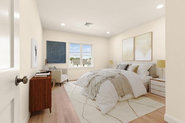 Bedroom, Interior, Recessed Lighting, Wood Texture Flooring