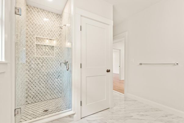 Bathroom, Glass Shower, Interior, Marble, Recessed Lighting