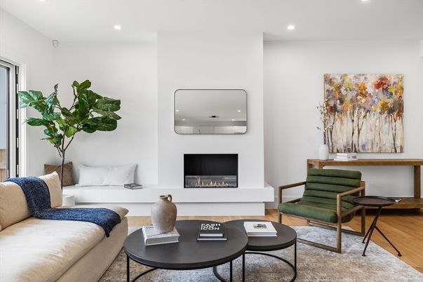 Fireplace, Interior, Living room, Recessed Lighting, Wood Texture Flooring