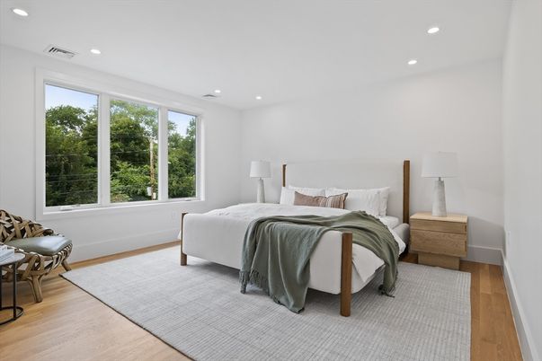 Bedroom, Interior, Recessed Lighting, Wood Texture Flooring