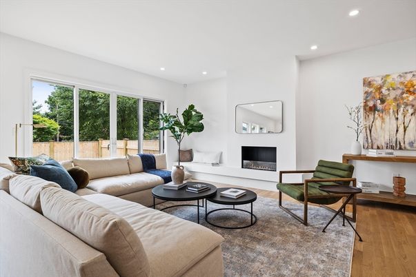Fireplace, Interior, Living room, Recessed Lighting, Wood Texture Flooring