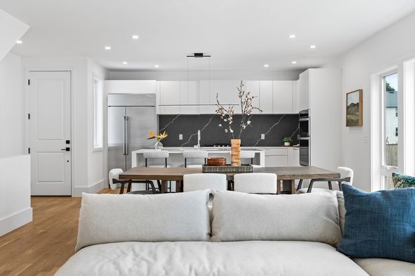 Dining room, Interior, Kitchen, Pendant Lights, Recessed Lighting, Stainless Steel Appliances, Wood Texture Flooring