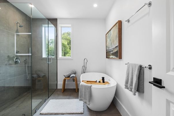 Bathroom, Free Standing Baths, Glass Shower, Interior, Recessed Lighting