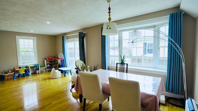Dining room, Interior, Pendant Lights, Recessed Lighting, Wood Texture Flooring