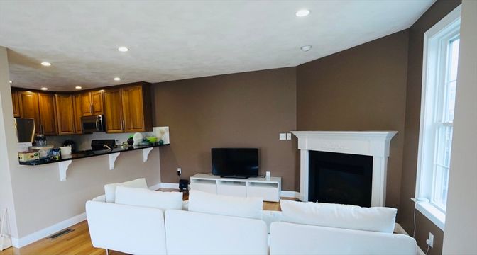 Fireplace, Interior, Kitchen, Living room, Recessed Lighting, Wood Texture Flooring