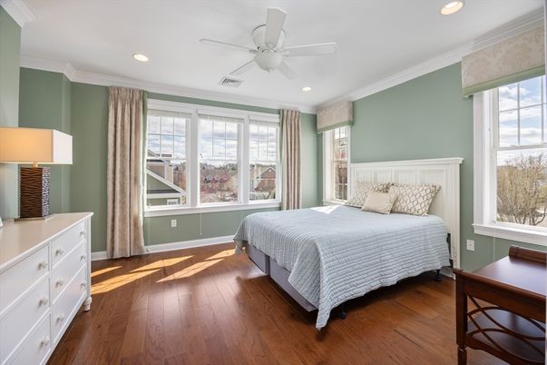 Bedroom, Interior, Recessed Lighting, Wood Texture Flooring