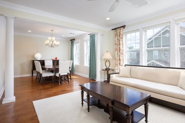 Chandelier, Dining room, Interior, Living room, Recessed Lighting, Wood Texture Flooring