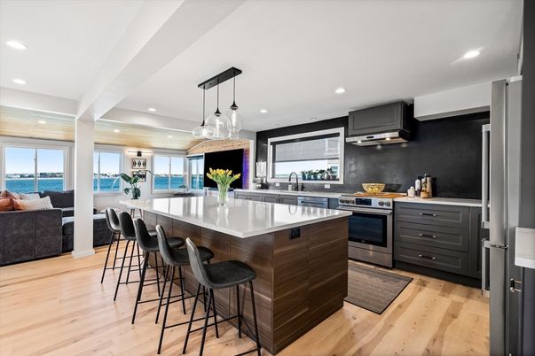 Interior, Kitchen, Pendant Lights, Recessed Lighting, Stainless Steel Appliances, Water, Wood Texture Flooring