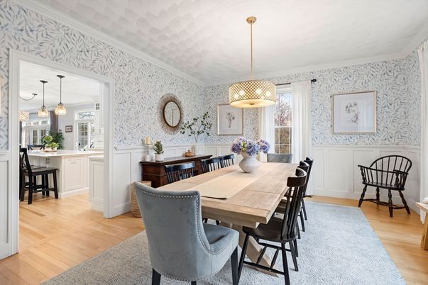 Dining room, Interior, Pendant Lights, Wood Texture Flooring