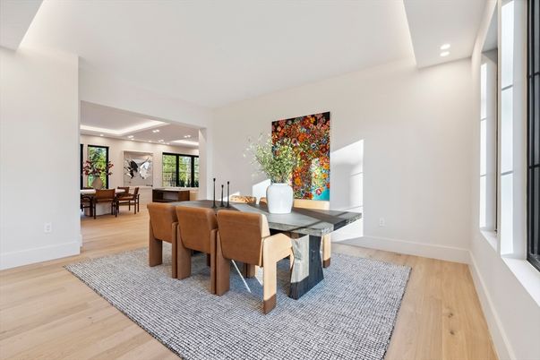 Dining room, Interior, Recessed Lighting, Wood Texture Flooring