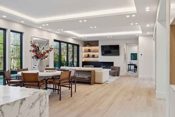 Dining room, Fireplace, Interior, Living room, Recessed Lighting, Wood Texture Flooring