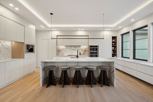 Interior, Kitchen, Marble Walls, Pendant Lights, Recessed Lighting, Stainless Steel Appliances, Wood Texture Flooring
