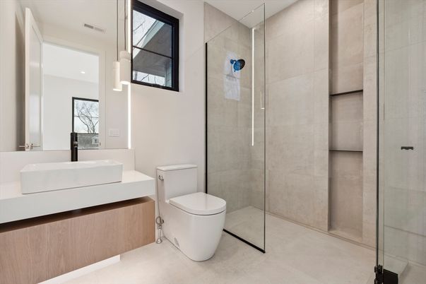 Bathroom, Glass Shower, Interior, Pendant Lights