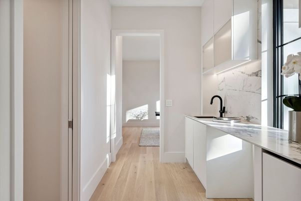 Interior, Kitchen, Marble Walls, Wood Texture Flooring