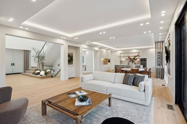 Dining room, Interior, Living room, Pendant Lights, Recessed Lighting, Wood Texture Flooring