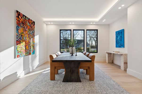 Dining room, Interior, Recessed Lighting, Wood Texture Flooring