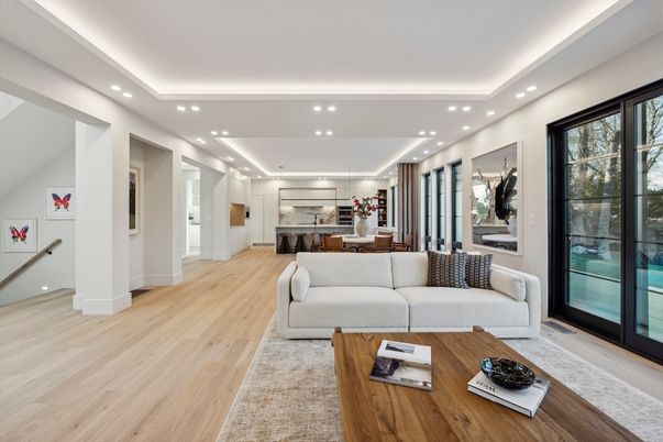Interior, Kitchen, Living room, Recessed Lighting, Wood Texture Flooring