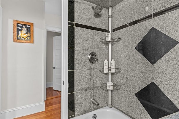 Bathroom, Glass Shower, Interior, Wood Texture Flooring