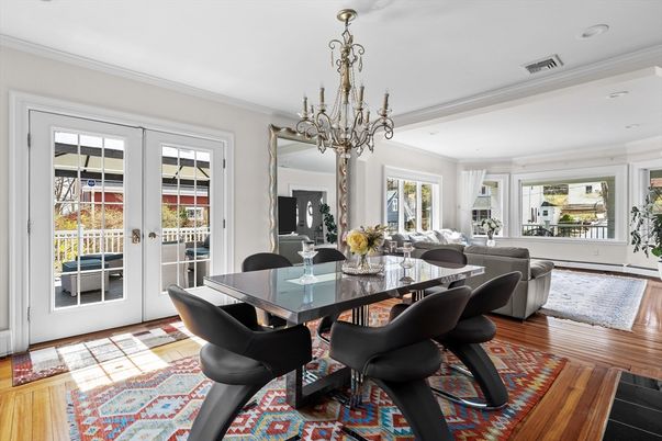 Chandelier, Dining room, Interior, Living room, Recessed Lighting, Wood Texture Flooring