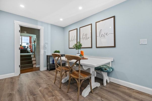 Dining room, Interior, Recessed Lighting, Wood Texture Flooring