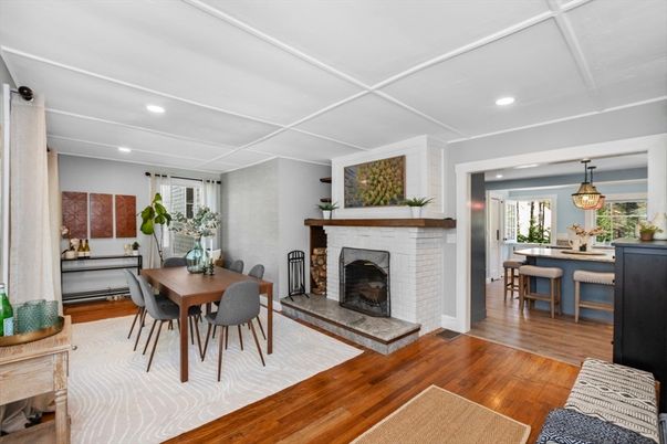 Dining room, Fireplace, Interior, Pendant Lights, Recessed Lighting, Wood Texture Flooring
