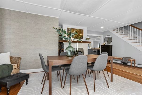 Dining room, Fireplace, Interior, Recessed Lighting, Wood Texture Flooring