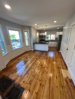 Empty room, Interior, Kitchen, Recessed Lighting, Wood Texture Flooring