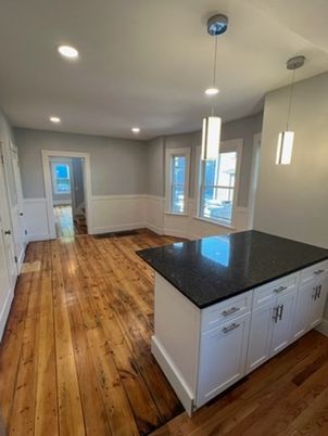 Empty room, Interior, Kitchen, Pendant Lights, Recessed Lighting, Wood Texture Flooring
