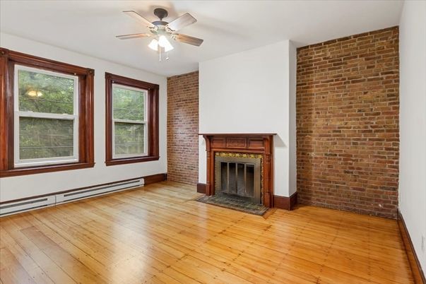 Empty room, Fireplace, Interior, Stone Walls, Wood Texture Flooring