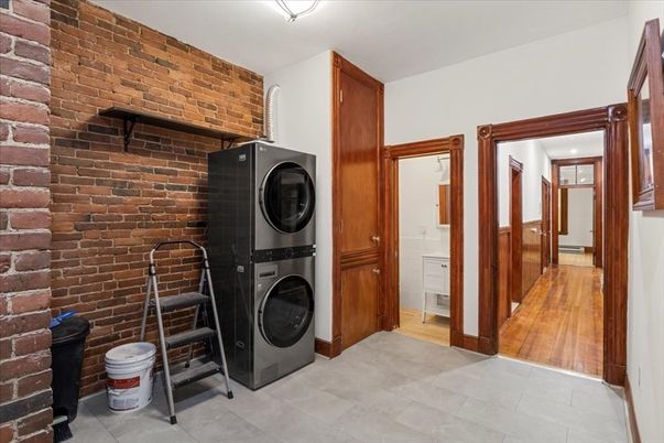 Interior, Stone Walls, Utility Closets, Washer, Wood Texture Flooring
