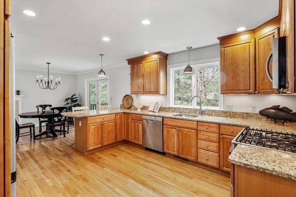 Chandelier, Dining room, Interior, Kitchen, Pendant Lights, Recessed Lighting, Stainless Steel Appliances, Wood Texture Flooring