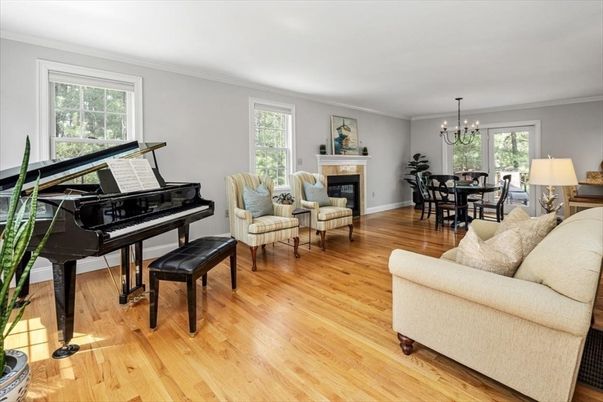 Chandelier, Dining room, Fireplace, Interior, Living room, Piano, Wood Texture Flooring