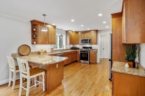 Interior, Kitchen, Pendant Lights, Recessed Lighting, Stainless Steel Appliances, Wood Texture Flooring