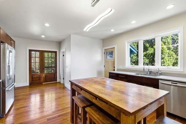 Interior, Kitchen, Recessed Lighting, Stainless Steel Appliances, Wood Texture Flooring