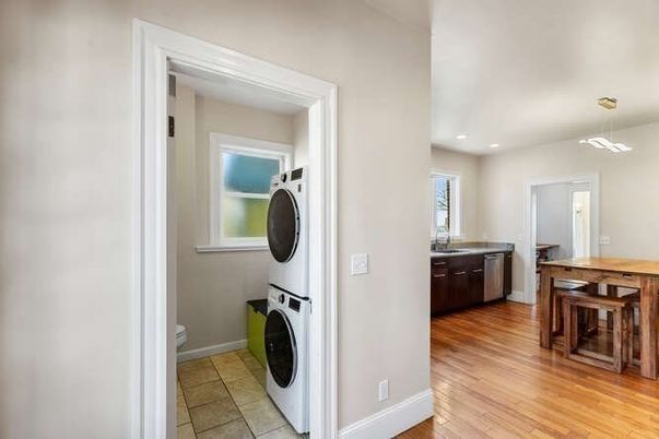 Dining room, Interior, Pendant Lights, Recessed Lighting, Utility Closets, Washer, Wood Texture Flooring