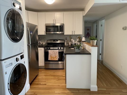 Interior, Kitchen, Stainless Steel Appliances, Washer, Wood Texture Flooring