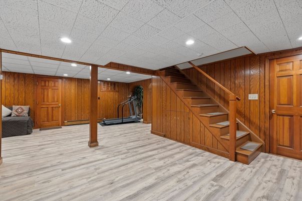 Interior, Recessed Lighting, Wood Texture Flooring, Wooden Walls