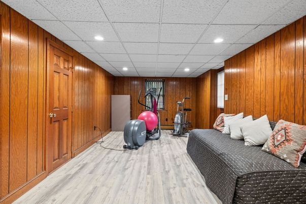 Fitness Equipment, Interior, Recessed Lighting, Wood Texture Flooring, Wooden Walls