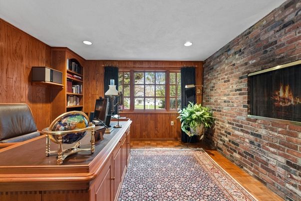 Home Office, Interior, Recessed Lighting, Stone Walls, Wood Texture Flooring, Wooden Walls
