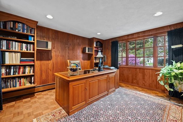 Home Office, Interior, Recessed Lighting, Wood Texture Flooring, Wooden Walls