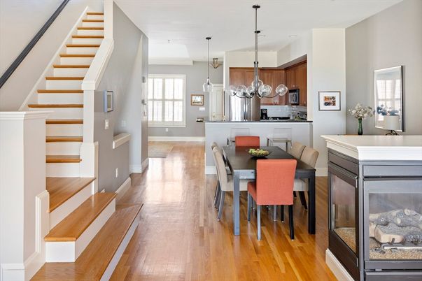 Dining room, Fireplace, Interior, Kitchen, Pendant Lights, Wood Texture Flooring