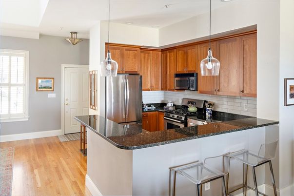 Interior, Kitchen, Pendant Lights, Stainless Steel Appliances, Wood Texture Flooring