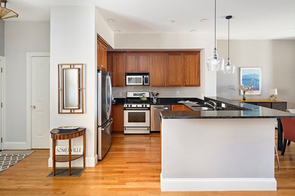 Interior, Kitchen, Pendant Lights, Recessed Lighting, Stainless Steel Appliances, Wood Texture Flooring