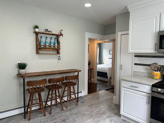 Bedroom, Interior, Kitchen, Recessed Lighting, Stainless Steel Appliances, Wood Texture Flooring