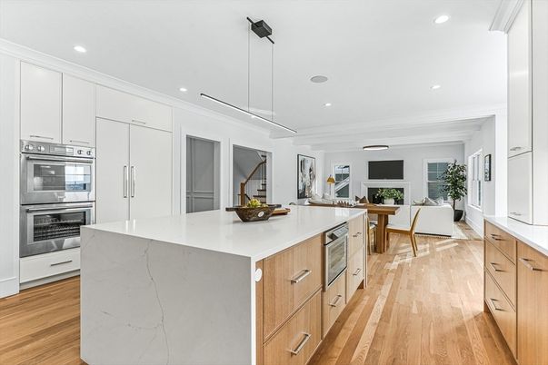 Dining room, Fireplace, Interior, Kitchen, Living room, Pendant Lights, Recessed Lighting, Stainless Steel Appliances, Wood Texture Flooring